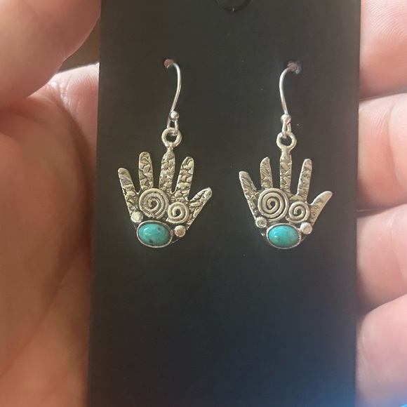 STERLING SILVER NATIVE INSPIRED TURQUOISE ANCESTOR HAND STORY TELLER EARRINGS - Picture 5 of 7